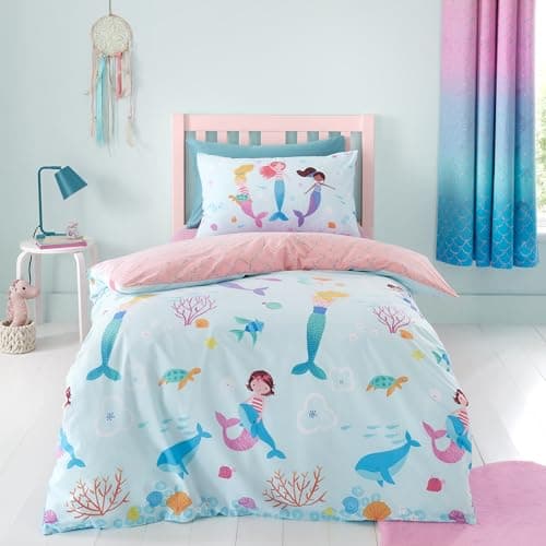 Image of Catherine Lansfield Mermaid Reversible Single Duvet Cover Set with Pillowcase Blue