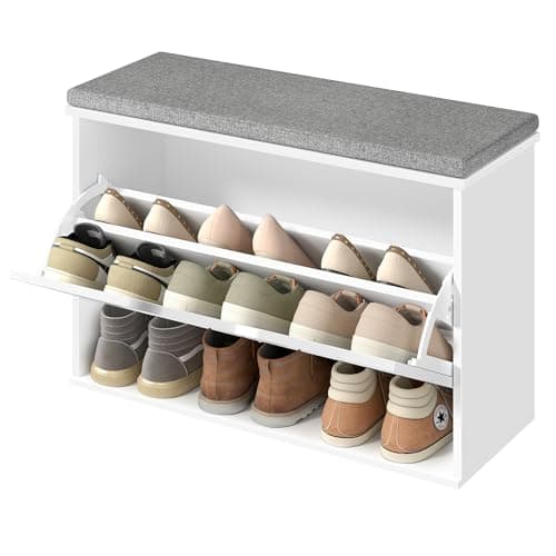 Image of VASAGLE Shoe Storage Bench with Seat, 3-Tier Hallway Bench for 9 Pairs of Shoes, Flip Drawer with Adjustable Divider, 30 x 80 x 53.5 cm, for Entryway, Bedroom, Cloud White and Dove Grey LSB122WB02