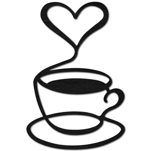 Image of CREATCABIN Wood Wall Decor Black Coffee Wall Art Cafe Cup Silhouette Hanging Decoration Laser Cutout Rustic Heart Coffee Sign for Farmhouse Kitchen Personalized DIY Home Decor 12x8Inch
