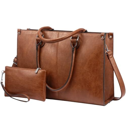 Image of LOVEVOOK Laptop Bags for Women,15.6 Inch PU Leather Tote Bag with Wristlet Pouch, Retro Ladies Handbag Shoulder Bag Briefcase for Work School Office Business,Brown