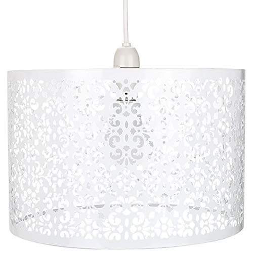 Image of Unique Moroccan Designed Large White Metal Circular Pendant Light Shade with Floral Decor | 40cm Diameter | Maximum 60watt Bulb Allowed by Happy Homewares