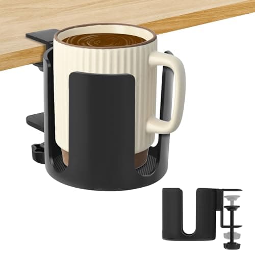 Image of Desk Cup Holder Clamp, Anti-Spill Adjustable Coffee Bottle Rack, Aluminum Alloy, Office & PC Gaming Desk Accessories, Space Saving Compatible with Universal Mug, Pencil Holder