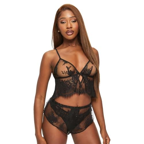 Image of Ann Summers Availing All Over Lace Cami Set (2-Piece) – Womens Nightwear with Floral Lace & Sheer Mesh – Flattering Women's Lingerie Set with Satin Trim, Cut-Out Detail & Adjustable Straps – Black