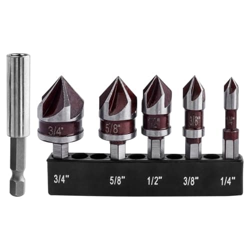 Image of Mesee 5Pcs Cobalt Countersink Drill Bits with Bit Extension,1/4'' 3/8'' 1/2'' 5/8'' 3/4'' Countersink Bits 1/4" Hex Shank 82 Degree 5 Flute Counter Sinker Drill Bit Tool for Metal, Plastics, Wood