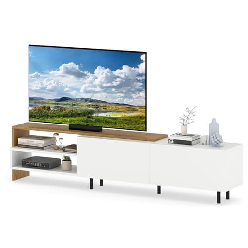 Image of COSTWAY TV Stand Cabinet for 80 Inch TVs, 181cm Wooden Media Entertainment Center with Storage Shelves, Cabinets and 5 Metal Legs, Modern TV Unit Console Table for Living Room Bedroom, White+Natural
