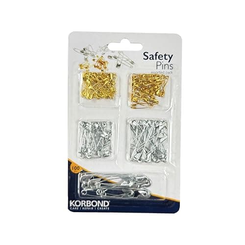 Image of Korbond Safety Pins Value Pack - 100 Assorted Sizes; Silver/Nickel, Gold/Gilt; Professional Grade, Sharp Point, Heavy Duty, Nickel, Pin – Crafting, Sewing, Pinning, Fabrics, Saree, Sari