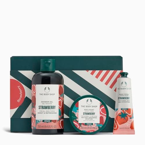 Image of The Body Shop Strawberry Essentials Nourishing Skincare Gift Set, Shower Gel, Body Yogurt, Hand Balm, Vegan, Travel-Sized