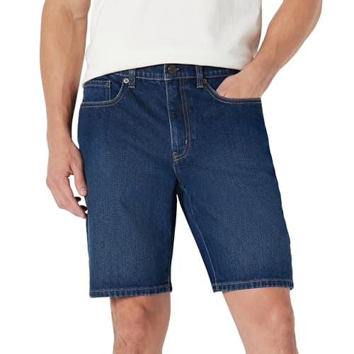 Image of Amazon Essentials Men's Heavyweight Stretch Straight-Fit Denim Shorts, 22.9 cm, Dark Midnight Wash, 32W