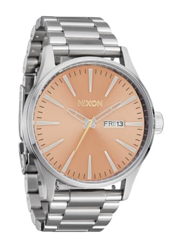 Image of NIXON Sentry SS A356 - 100m Water Resistant Men's Analog Classic Watch (42mm Watch Face, 23mm-20mm Stainless Steel Band), Silver/Coral, Sentry Stainless Steel