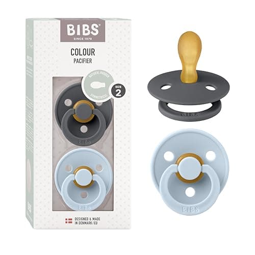 Image of BIBS Colour Symmetrical Soother 2-Pack, BPA Free Dummy Pacifier, Symmetrical Nipple. Natural Rubber Latex, Made in Denmark. 6-18 Months (Pack of 2), Iron/Baby Blue
