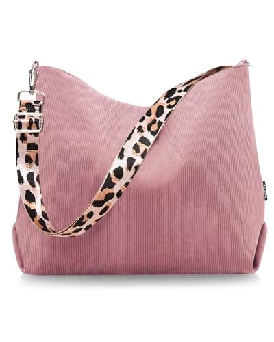 Image of Prite Corduroy Tote Bag for Women with Zipper Large Capacity Shoulder Bags with Adjustable Strap and Pockets Waterproof Handbag for Work School Shopping Travel College (Pink)