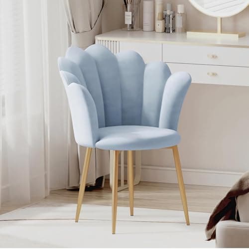 Image of Armchair Tub Chair, Velvet Vanity Chair Shell Accent Chairs with Gold Plating Metal Legs, Leisure Single Sofa Dressing Chairs for Home, Office, Bedroom, Living Room, Dining Room, Light Blue