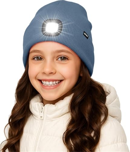 Image of ATNKE Kids LED Lighted Beanie Hat,USB Rechargeable 4 LED Running Headlamp Ultra Bright Cap with Light Winter Warm Lined Fleece Knit Beany Gifts for Boys and Girls/Shadow Blue