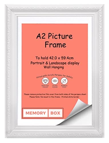Image of Memory Box White – A2 Ready to hang Ornate Shabby Chic Picture/Photo/Poster frame with High Clarity Styrene Shatterproof Perspex Sheet & MDF backing board