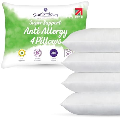 Image of Slumberdown Anti Allergy Super Support Pillows 4 Pack - Allergy UK Approved Side Sleeper Pillow for Allergy Sufferers | Core Foam Block, Anti Bacterial, UK Made & Washable (48 x 74cm)