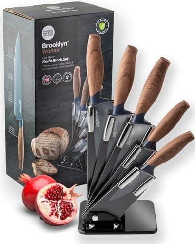 Image of Taylors Eye Witness 6pce Kitchen Knife Block Set - 5 Knives Sat in an Acrylic Holder. Paring, All Purpose Veg, Carving, Bread & Chef’s Knives. Soft Touch Walnut Wood Effect Handles. 2 Year Guarantee