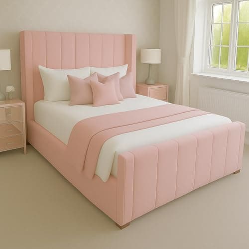 Image of Attock Beds Plush Velvet Wing Panel Bed Frame with Optional Mattress & Ottoman Gas Lift Storage – Luxury Handmade Bed (Pink Plush, Small Double 4ft Bed Frame)