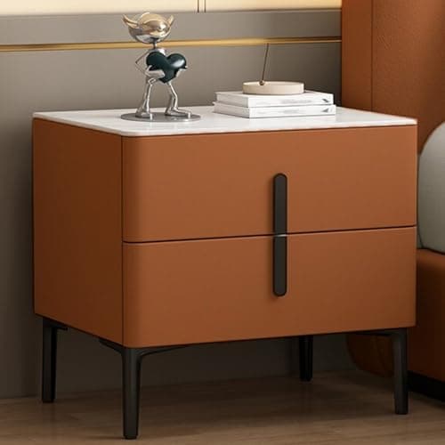 Image of Modern Bedside Table with Two Drawers and Rock Board Top, Easy-Clean High Legs for Bedroom Organization