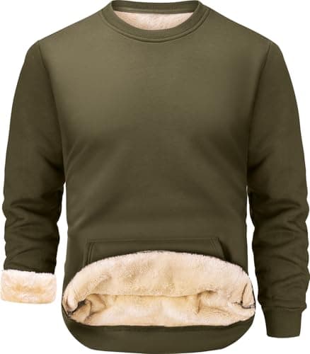 Image of Peakwell Men's Fleece Lined Sweatshirts Warm Jumper Winter Crewneck Sweater Thermal Pullover with Pocket, Army Green, XXL