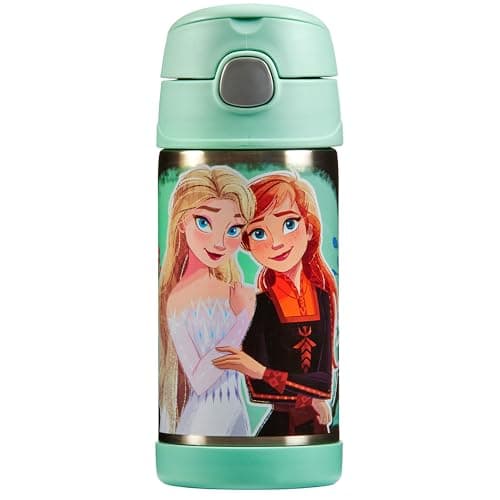 Image of Thermos - Frozen Water Bottle (355ml) - BPA Free, Stainless Steel, Spill Proof, Pop-Up Straw, Disney Kids Flask with Personalised Name Labels & Carry Handle for 12-Hour Cold Drinks