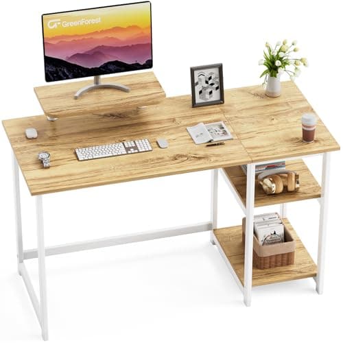 Image of GreenForest Office Desk with Monitor Stand,100cm Computer Desk with Reversible Storage Shelves,Study Desk for Home and Small Spaces,Oak