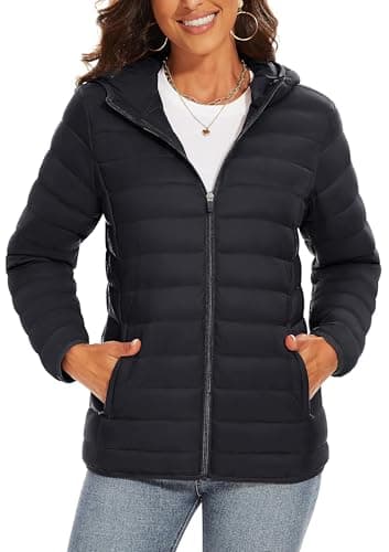 Image of TAVCASEN Womens Down Jacket Padded Puffer Coats Warm Winter Outdoor Jacket Zip Up Quilted Jacket with Hood Water-Resistant Jacket,Black,XL