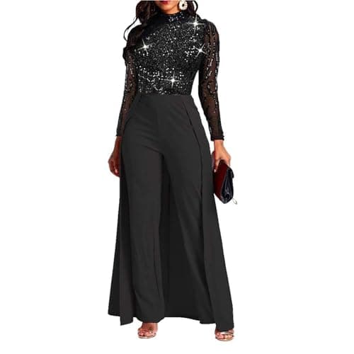 Image of VERWIN Patchwork Overlay Embellished Plain Women's Jumpsuit High-Waist Woman Romper (X-Large, Black Sequin)