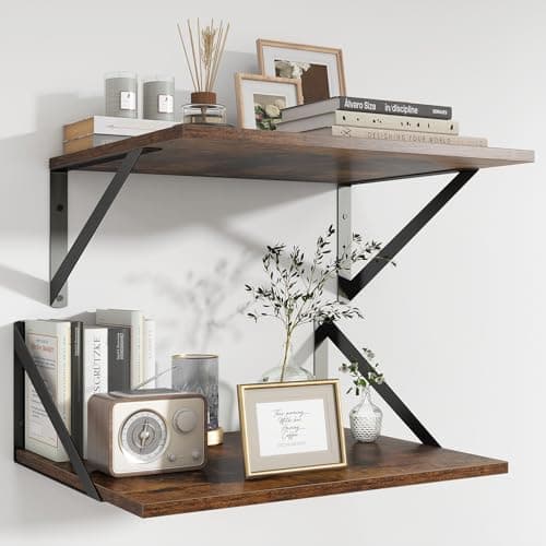 Image of Feihorrm Floating Shelves Set of 2, 40 x 30 cm Deep Shelves for Wall, Rustic Brown Wooden Book Shelf with Metal Brackets, Shelf for Living Room Bedroom Kitchen Bathroom Office