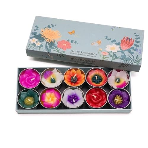 Image of Hana Blossom Mixed 10 handmade scented flower tealight candles in assorted designs and colours gift set