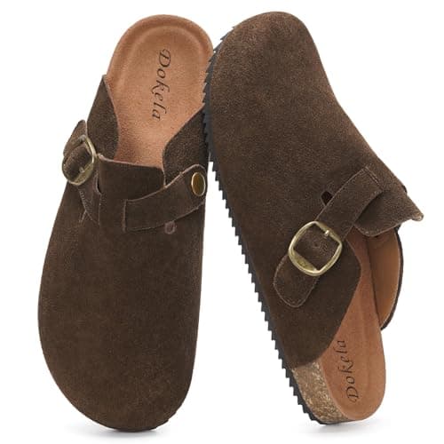 Image of Suede Clogs for Women Men Soft Cork Footbed Leather Mules Comfort Slippers Potato Shoes with Arch Support, Coffee, 6 UK