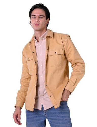Image of Enorsia Mens Premium Twill Shacket with Classic Collar, Long Buttoned Sleeves, Button-Through Front Fastening (Khaki, M)