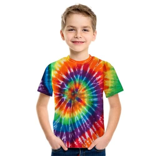 Image of Kids 3D Rainbow Swirl Printed T-Shirt Boys Summer Casual Short Sleeve Top Round Neck Basic Blouse Boys and Girls Stretch T-Shirt Comfortable and Lightweight Tee Children's Versatile Tops (J, XS)