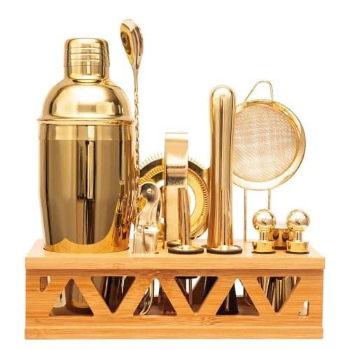 Image of JWJIUEJIU Cocktail Shaker Set Bartender Kit with Bamboo Stand,13 Piece Bar Set Stainless Steel Bar Tools Set for Professional Bartender and Home (Gold)