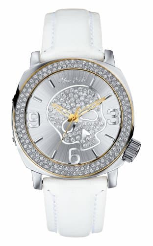 Image of Marc Ecko E13524G2 Unisex Analogue olished silver tone case on white leather strap Sunray silver dial with rose gold tone highlighted bezel, iced