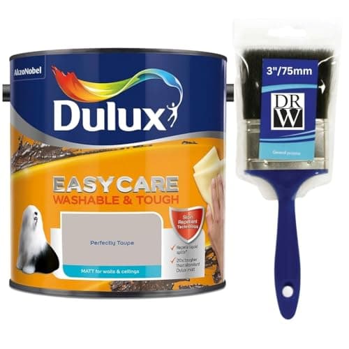 Image of Perfect Taupe Dulux Easycare Matt Emulsion Paint 2.5L + 3" Emulsion Paint Brush – Washable & Stain Resistant, Durable Matt Finish, Quick Dry, Low Odour Interior Wall & Ceiling Paint