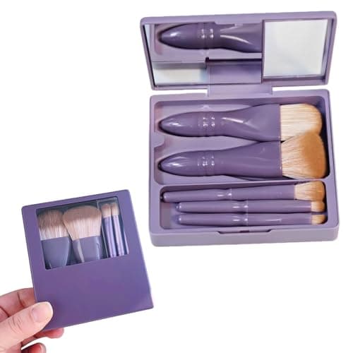 Image of Travel Size Makeup Brushes Mini Set with Hard Case and Built-in Mirror, 5Pcs Small Cosmetic Brushes, On the Go Brush Travel Essentials kits for Women, Girls Gift (Dark Purple)