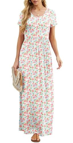 Image of GRECERELLE Maxi Dress for Women - Summer Casual Long Dresses for Ladies with Pockets (White Pink Rose, XL)