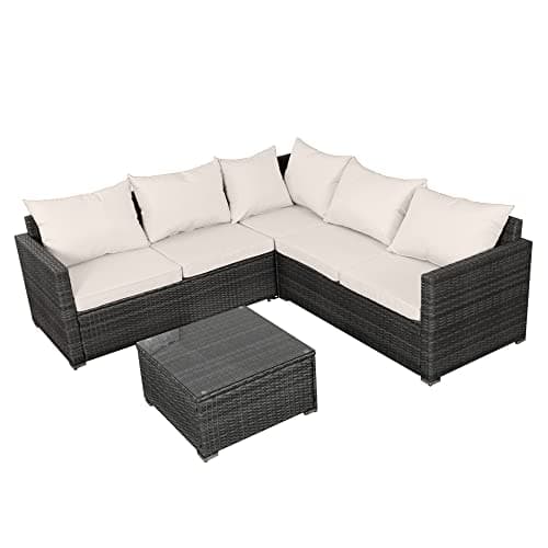 Image of Panana 5 Seater Rattan Garden Furniture Corner Sofa Set with Coffee Table, Outdoor Patio Lounge Set with Cushions & Free Cover for Garden, Conservatory, Terrace (Mixed Grey Rattan with Beige Cushions)