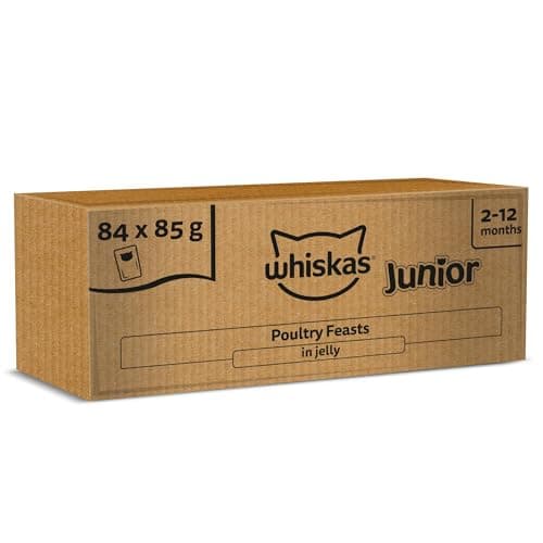 Image of whiskas Junior Poultry Selection in Jelly 84 Pouches, Wet Kitten and Cat Food, Selection of Chicken, Duck, Poultry and Turkey, Megapack (84 x 85 g)