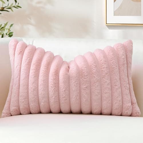 Image of Sungeek Set of 1 Blush Pink Faux Rabbit Fur Cushion Cover 30x50 cm, Soft Cozy Plush Striped Decorative Throw Pillow Covers 12x20 Inch Velvet Lumbar Pillowcases for Sofa Bedroom