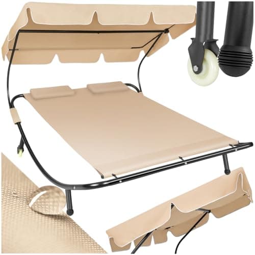Image of tectake® Double Hammock Sun Lounger with Canopy & 2 Head Pillows, Outdoor Garden Daybed for 2, Easy Assembly, Water-Repellent Garden Furniture, Sturdy Metal Frame with 2 Wheels, Max Load 250kg- beige