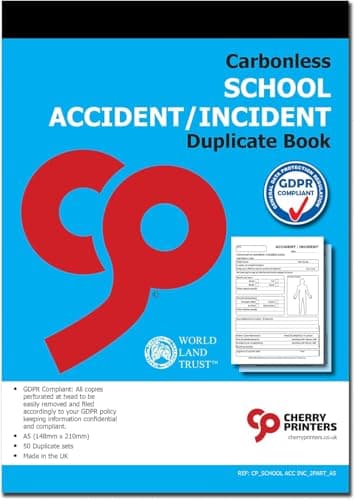 Image of Cherry Printers | Carbonless NCR | School Accident/Incident | Duplicate Book | for Pupils | GDPR Compliant | A5 (148 x 210 millimetres) | Loose Leaf Writing Shield | 50 Sets per Book | **50 Pack**