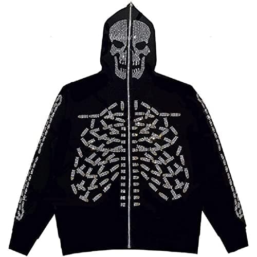 Image of Women's Oversized Zip Up Hoodie Fashion Long Sleeve Graphic Letter Print Sweatshirt Punk Jackets Streetwear Goth Harajuku Outwear (Black Skull, XXL)