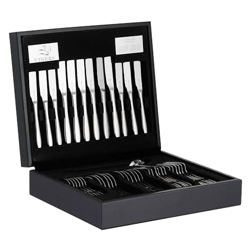 Image of Viners Eden Premium 44 Piece Cutlery Set | 18/10 Stainless Steel | Serves 6| Modern Teardrop Design | Dishwasher Safe | Wooden Gift Box