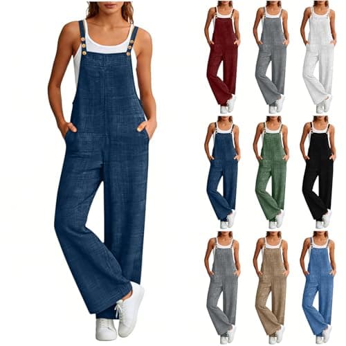 Image of Linen Dungarees for Women UK Cotton Linen Wide Leg Jumpsuit with Pockets Button Adjustable Straps Long Playsuits Loose Fit Plain Sleeveless Womens Overalls Summer Casual Trousers S-XXL