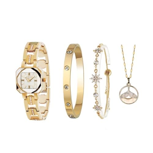 Image of TIME100 Women's Watch Bracelet Set, Elegant Gold Bracelet Watch with 2 Adjustable Crystal Bracelets & Pearl Pendant Necklace, Birthday/Christmas/Valentine's Day Gift Box Watches for Women