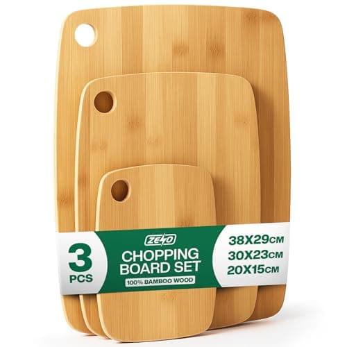 Image of ZENO Wooden Chopping Boards 3PCS | Bamboo Chopping Board | Cutting Board Set | Ideal for Carving Meat, Cutting Vegetables, Cheeses and Bread | Moisture Resistant | Easy to Hang | 100% Bamboo