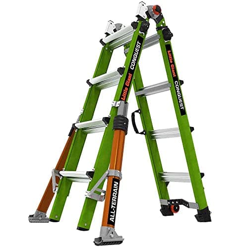 Image of Little Giant Ladders 4 Rung Conquest All-Terrain GRP Multi-purpose Ladders, Side Mounted Stabiliser Bars, Hi-Viz Green Fibreglass GRP, EN131