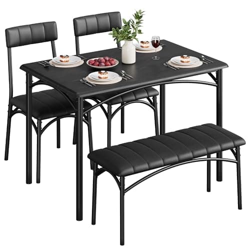 Image of Crevyteg Dining Table Set for 4, Kitchen Table with Upholstered Bench and 2 Chairs, 4-Piece Wooden Dining Table Set for Apartment, Dining Room, Small Space, Black