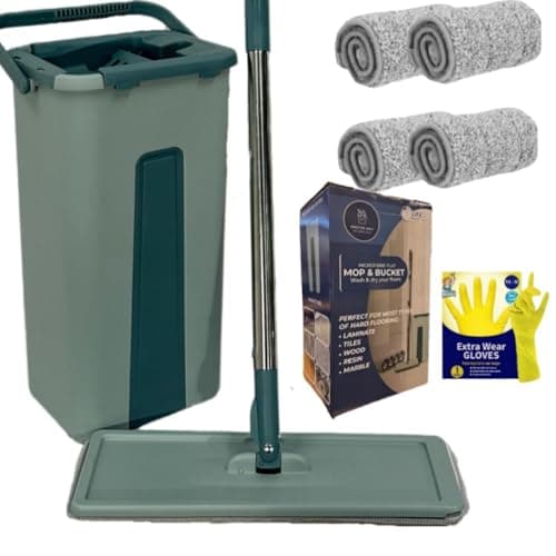 Image of SWISSPACK *Bundle *Floor Mop and Bucket Set(Gloves Inc) − Easy and Simple Squeeze Mop Bucket, Flat Mop with 4-Pack Replacement Machine Washable Microfibre Mop Pads for All Floors Types (Green)